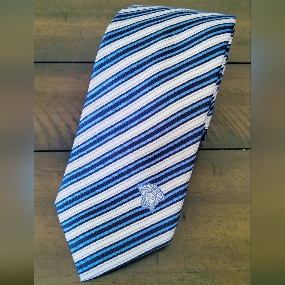 Versace Blue White Silk Neck Tie